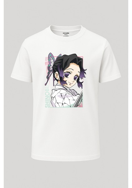Shinobu Kocho Kimetsu No Yaiba Baskılı Loose Fit Bisiklet Yaka Tişört Anime Manga