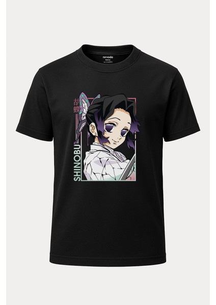 Shinobu Kocho Kimetsu No Yaiba Baskılı Loose Fit Bisiklet Yaka Tişört Anime Manga
