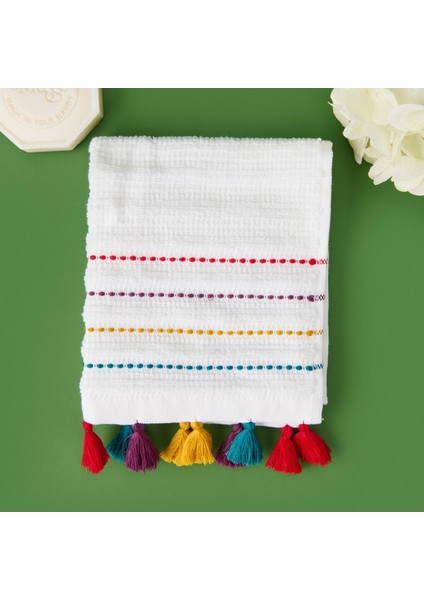 Püsküllü El Havlusu - Beyaz / Renkli - 30X50 cm