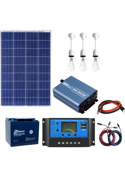 Güneş Enerjisi TV+ Aydınlatma Paketi - 300W ModifiyeSinus İnverter + 1x 12V 105W Güneş Paneli +1x 12V 40AH Jel Akü