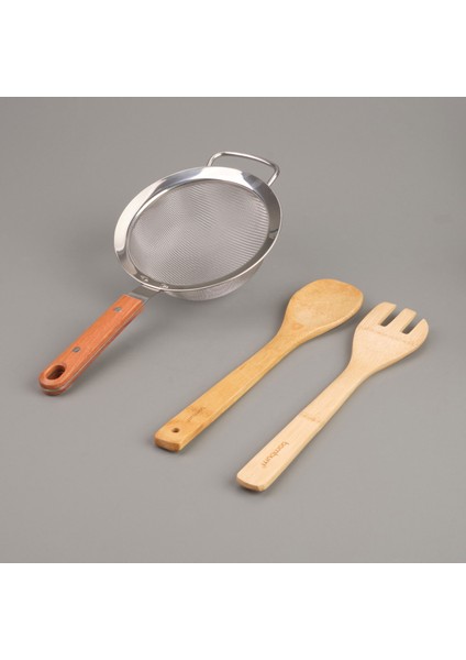 Ahşap Saplı Süzgeç - Gri / Kahverengi - 16 cm