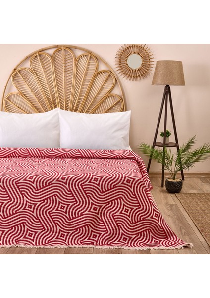 Geometrik Desenli Çift Kişilik Yatak Örtüsü - Kırmızı - 225X250 cm