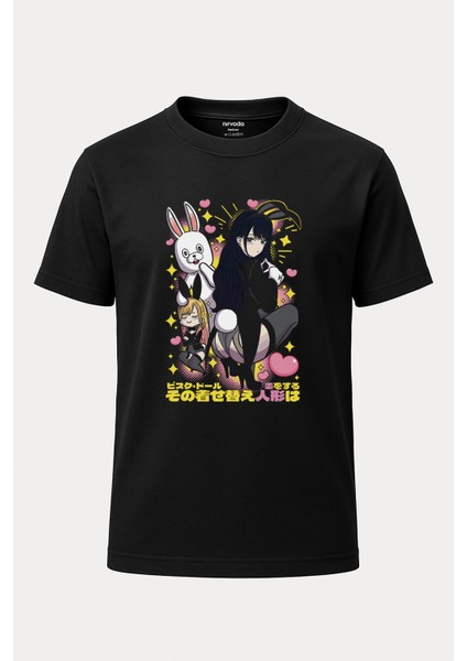 Macho Girl Anime Baskılı Loose Fit Bisiklet Yaka Tişört Anime Manga Siyah
