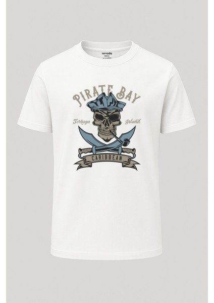 Korsan Kurukafa Baskılı Loose Fit Bisiklet Yaka Tişört