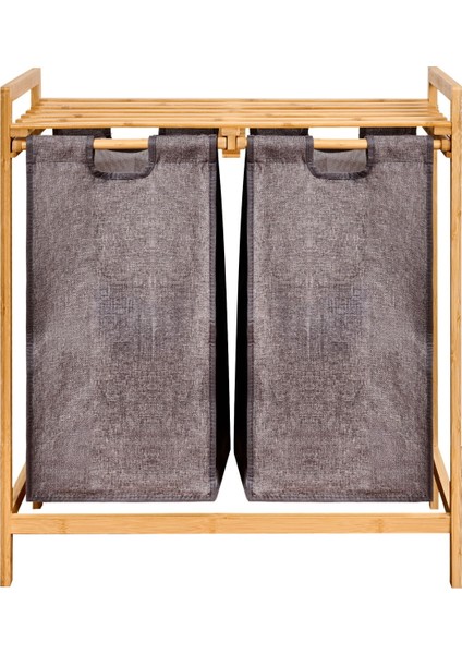2 Bölmeli Bambu Kirli Çamaşır Sepeti - Gri / Bej - 74 cm