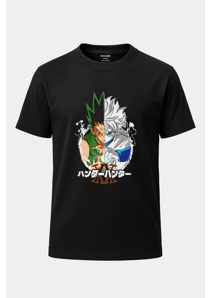 Hunter x Hunter Baskılı Loose Fit Bisiklet Yaka Tişört Anime Manga Siyah