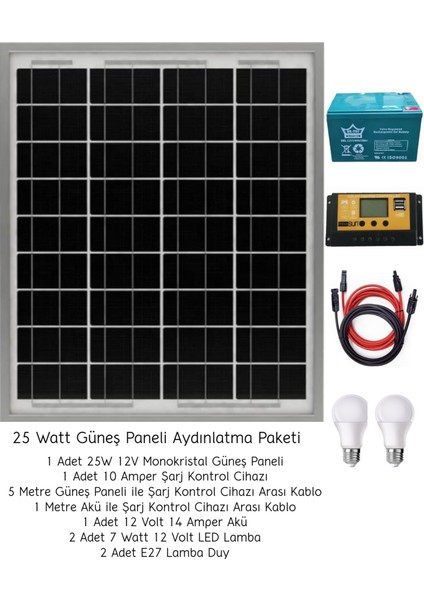 Güneş Enerjisi Aydınlatma Paketi – 1x 10AH Şarj Kontrol Cihazı + 1x 25W Güneş Paneli +1x 12V 14AH Akü