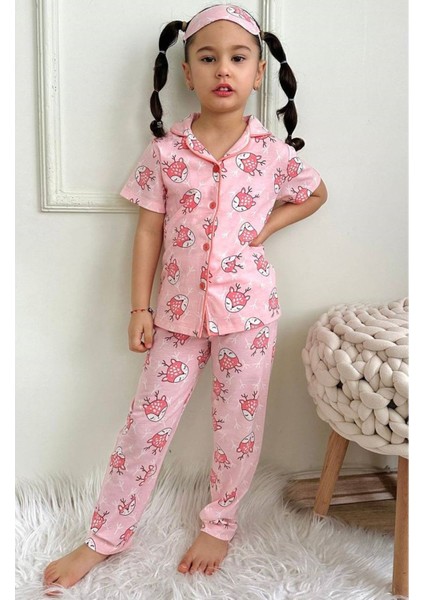 Pjkö Geyikcik Desenli Pembe Kısa Kollu Önden Düğmeli Kız Çocuk Pijama Takımı 4-12 Yaş 541K-P