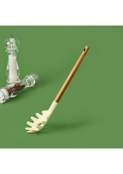 Akasya Saplı Silikon Makarna Kevgiri - Bej / Kahverengi - 32 cm