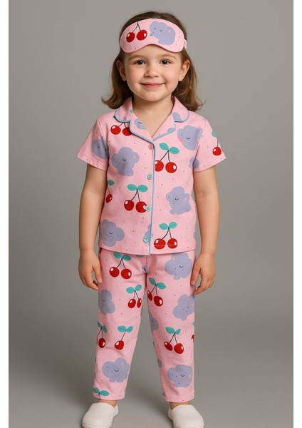 Pjkö Kiraz Desenli Pembe Kısa Kollu Önden Düğmeli Kız Çocuk Pijama Takımı 4-12 Yaş 577K