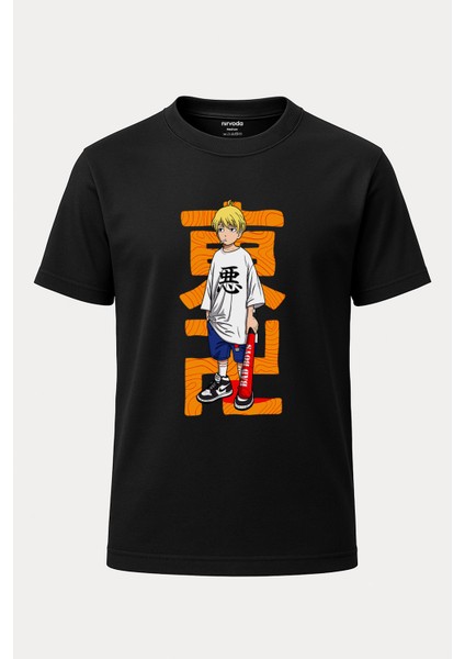 Beyzbol Anime Baskılı Loose Fit Bisiklet Yaka Tişört
