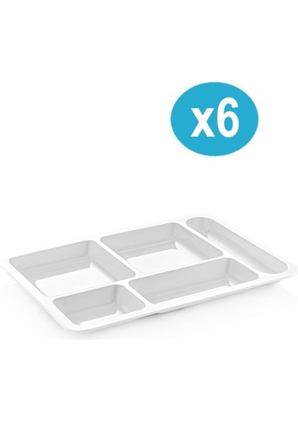 SY-5120 6 Adet Beyaz Kırılmaz Tabldot Tabak Tepsi 5 Bölmeli