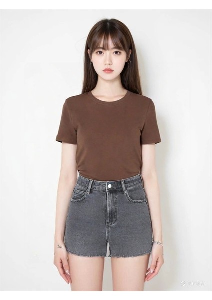 15339774 Likralı Fitilli Slim Fit Kadın T-Shirt Kahve