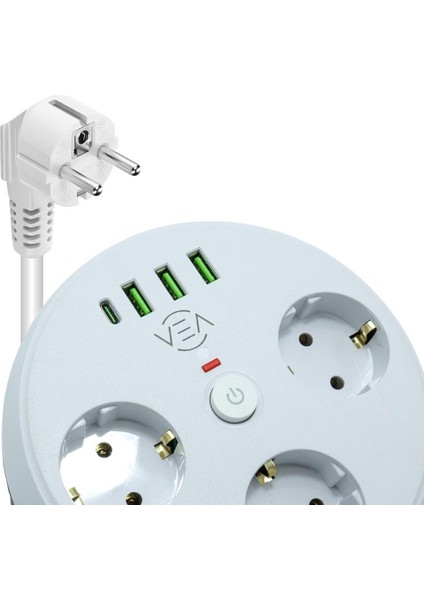 VE-26583 3'lü 1.5 Metre Kablolu 3 USB / Type-C Girişli Akım Korumalı Grup Priz