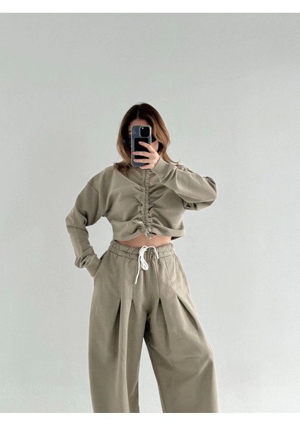 Uzun Kollu Önü Ip Büzgülü Crop ve Pantolon Ikili Takım - Haki