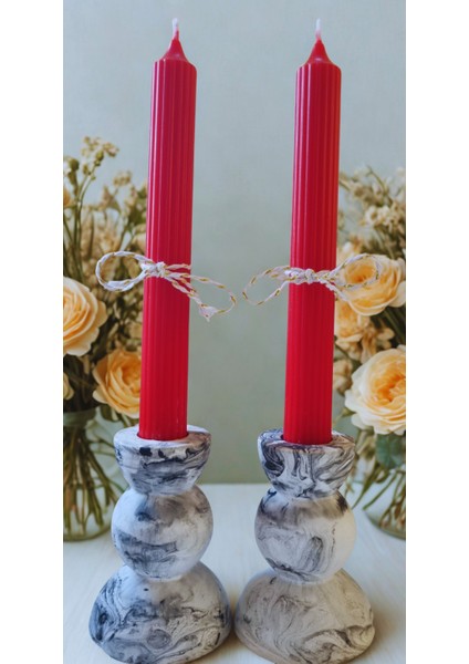 Mumlar Dahil 2 Li Siyah Beyaz Renk Geçişli Şamdan Ve Kırmızı Şamdan Mum 2'li Set
