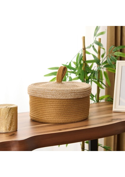 Mustard Büyük Kapaklı Örgü Sepet - Hardal / Bej - 21X11 cm