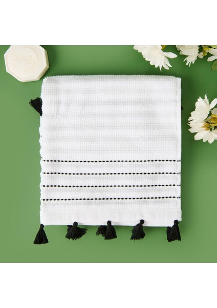 Püsküllü Ayak Havlusu - Beyaz / Siyah - 50X70 cm