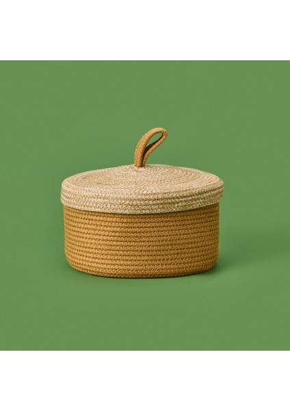Mustard Büyük Kapaklı Örgü Sepet - Hardal / Bej - 21X11 cm