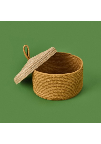 Mustard Büyük Kapaklı Örgü Sepet - Hardal / Bej - 21X11 cm