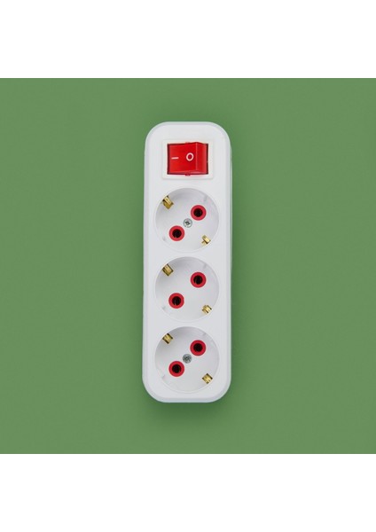3'lü Topraklı Anahtarlı Düz Tip Fiş Priz - Beyaz