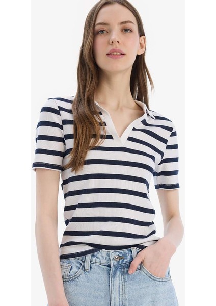 Yeni Sezon Slim Fit Dar Kesim Çizgili Polo Yaka Ribana Kısa Kollu Tişört