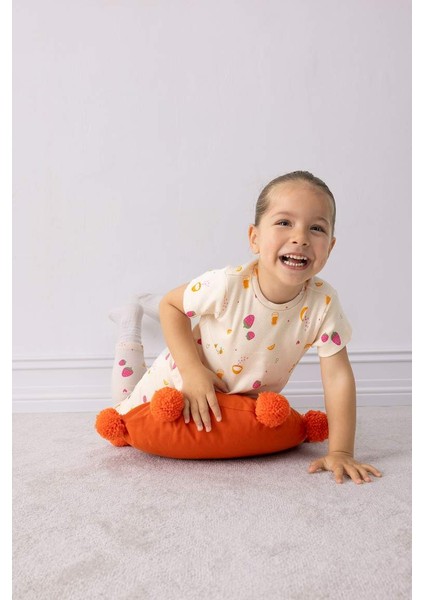 Yeni Sezon Kız Bebek Pijama Takımı Meyve Baskılı Kısa Kollu Fitilli Kaşkorse Kısa Kollu Üst Beli Lastikli Uzun Alt