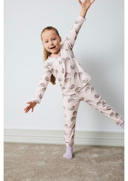 Yeni Sezon Kız Bebek Pijama Takımı Gökkuşağı Baskılı Uzun Kollu Üst Beli Lastikli Uzun Alt