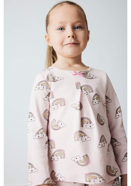 Yeni Sezon Kız Bebek Pijama Takımı Gökkuşağı Baskılı Uzun Kollu Üst Beli Lastikli Uzun Alt