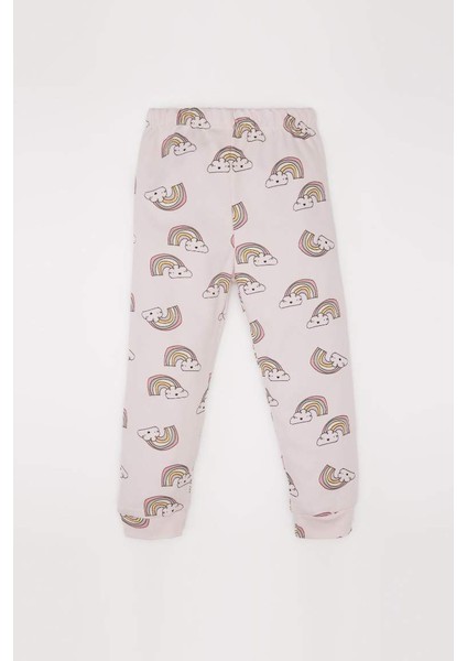 Yeni Sezon Kız Bebek Pijama Takımı Gökkuşağı Baskılı Uzun Kollu Üst Beli Lastikli Uzun Alt