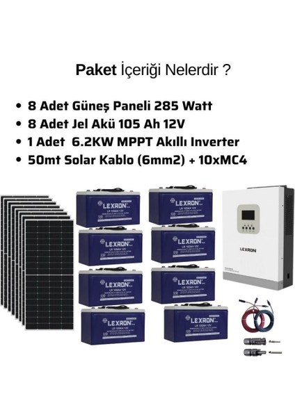 Güneş Enerjisi Bağevi Solar Paket – 5kw Mppt Akıllı Inverter + 8x 410W Güneş Paneli + 8x 12V 105AH Jel Akü modelleri