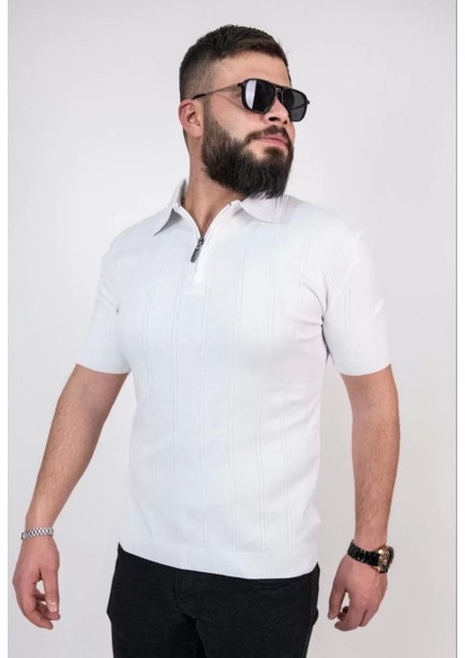 Triko Dokuma Yarım Fermuarlı Yakalı T-Shirt - Beyaz