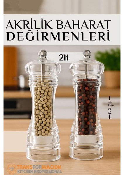 Baharat Öğütücü - Baharat Karabiber Tuz Değirmeni Ahşap Akrilik Kristal 2 Li Set 721773