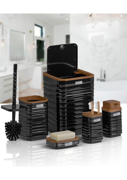 Luna Ahşap Görünümlü Kare 5 Li Banyo Seti - Siyah / Kahverengi