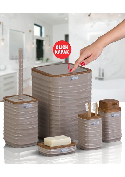 Luna Ahşap Görünümlü Kare 5 Li Banyo Seti - Bej / Kahverengi