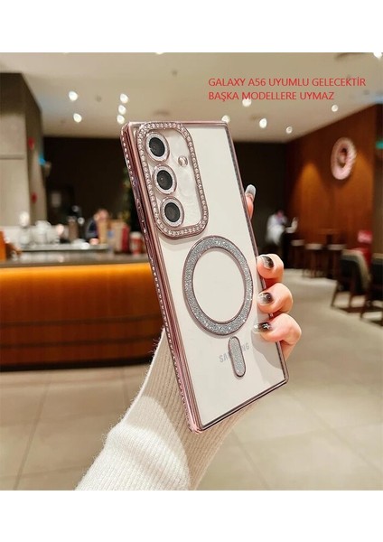 Samsung Galaxy A56 Şeffaf Kılıf Taşlı Lens Koruma Magsafe Uyumlu Darbeye Dayanıklı, Şık ve Parlak Tasarım – Kristal Şeffaf Kapak