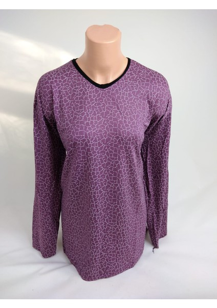 Kadın Lila Beyaz U Yaka Uzun Kollu Desenli Yırtmaçlı Dokuma Viskon Anne Penye Tişört