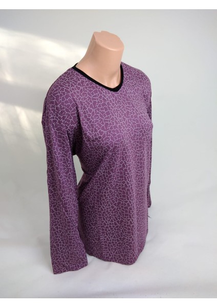 Kadın Lila Beyaz U Yaka Uzun Kollu Desenli Yırtmaçlı Dokuma Viskon Anne Penye Tişört fiyatları