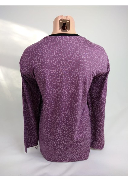 Kadın Lila Beyaz U Yaka Uzun Kollu Desenli Yırtmaçlı Dokuma Viskon Anne Penye Tişört modelleri