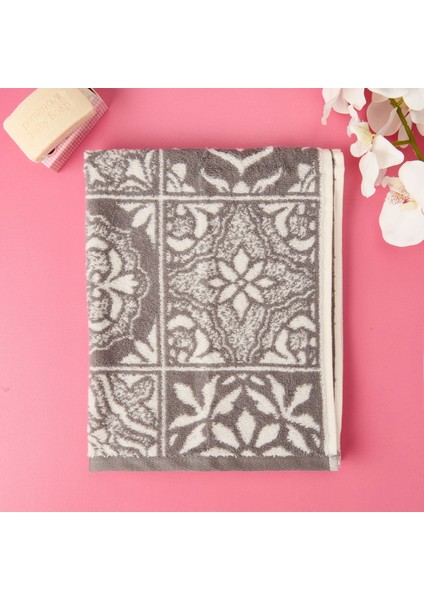 Motifli Ipliği Boyalı Yüz Havlusu - Gri - 50X100 cm