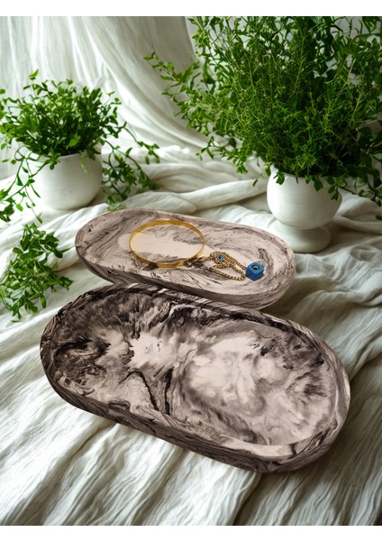 Dekoratif Mermer Desenli 2' Li Oval Takı, Mum Tabağı