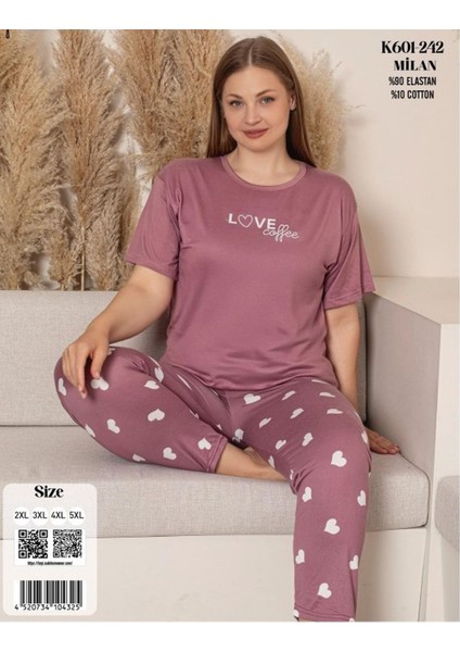 Charme Kadın Büyük Beden Bisiklet Yaka Milan Likralı Kısa Kol Pijama Takımı K601/242 - 1 Adet modelleri