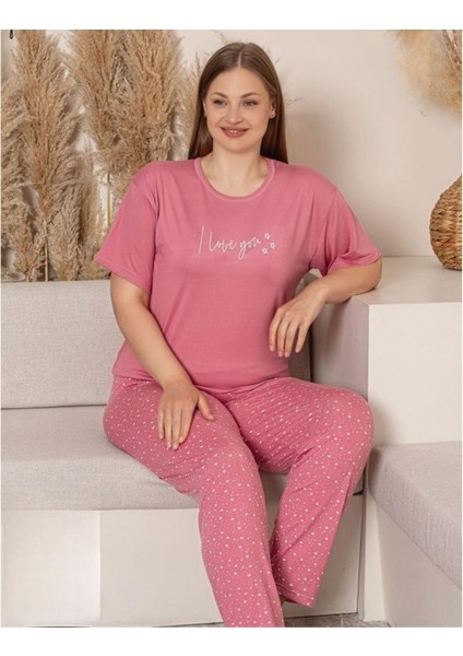 Charme Kadın Büyük Beden Bisiklet Yaka Milan Likralı Kısa Kol Pijama Takımı K601/246 - 1 Adet