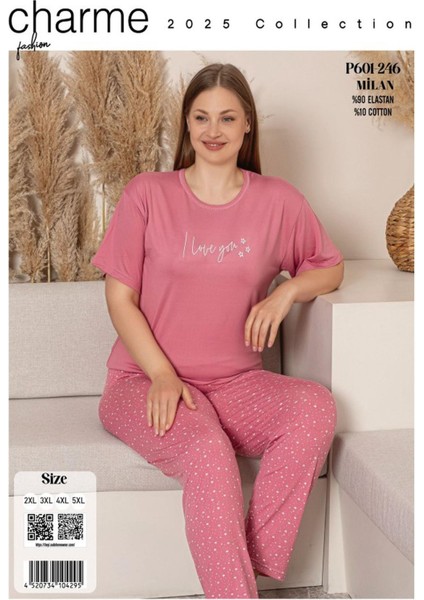 Charme Kadın Büyük Beden Bisiklet Yaka Milan Likralı Kısa Kol Pijama Takımı K601/246 - 1 Adet fırsatları