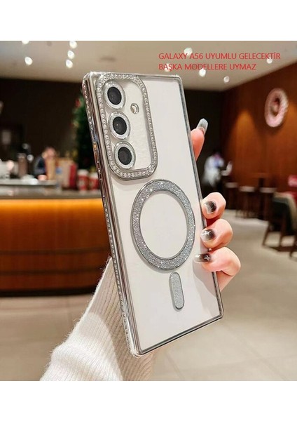 Samsung Galaxy A56 Şeffaf Kılıf Taşlı Lens Koruma Magsafe Uyumlu Darbeye Dayanıklı, Şık ve Parlak Tasarım – Kristal Şeffaf Kapak