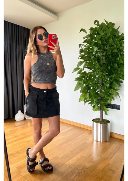 Yeni Sezon Premium Şık Ters Detay Cepli Denim Mini Jean Etek Kaliteli Kombin Kadın Yazlık modelleri