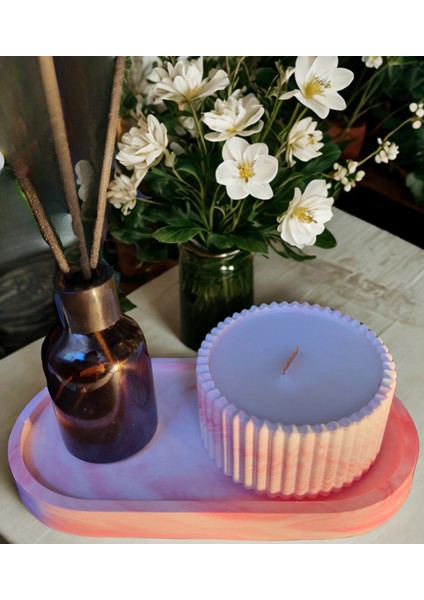 Dekoratif Tabakta 2'li Set, Tarçın Kokulu Ahşap Fitili Mum ve Oda Kokusu