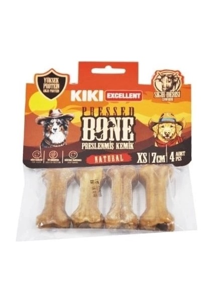 Kiki Excellent Sığır Derisinden Pres Kemik Köpek Ödülü 7 cm 4 Adet Naturel
