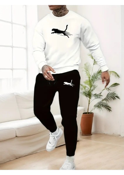 Eşofman Takımı Panter Baskılı Unisex Kışlık Kalın Pamuklu Sweatshirt ve Eşofman Altı 2' Li Set