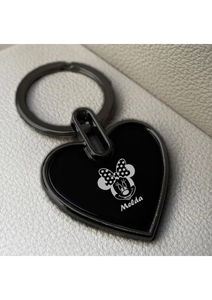 Kişiye Özel Isimli Kalp Çelik Anahtarlık Kutulu Mickey Mouse Baskılı